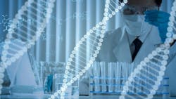Digital DNA structures sit in foreground and in background a researcher test vials Digital DNA structures sit in foreground and in background a researcher test vials