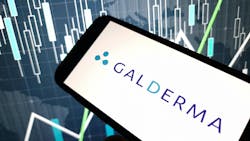 Galderma logo on cell phone screen with digital stock finance bars in background Galderma logo on cell phone screen with digital stock finance bars in background