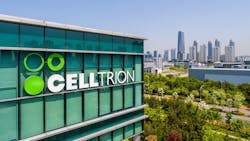 Celltrion logo on building front with city skyline in background Celltrion logo on building front with city skyline in background