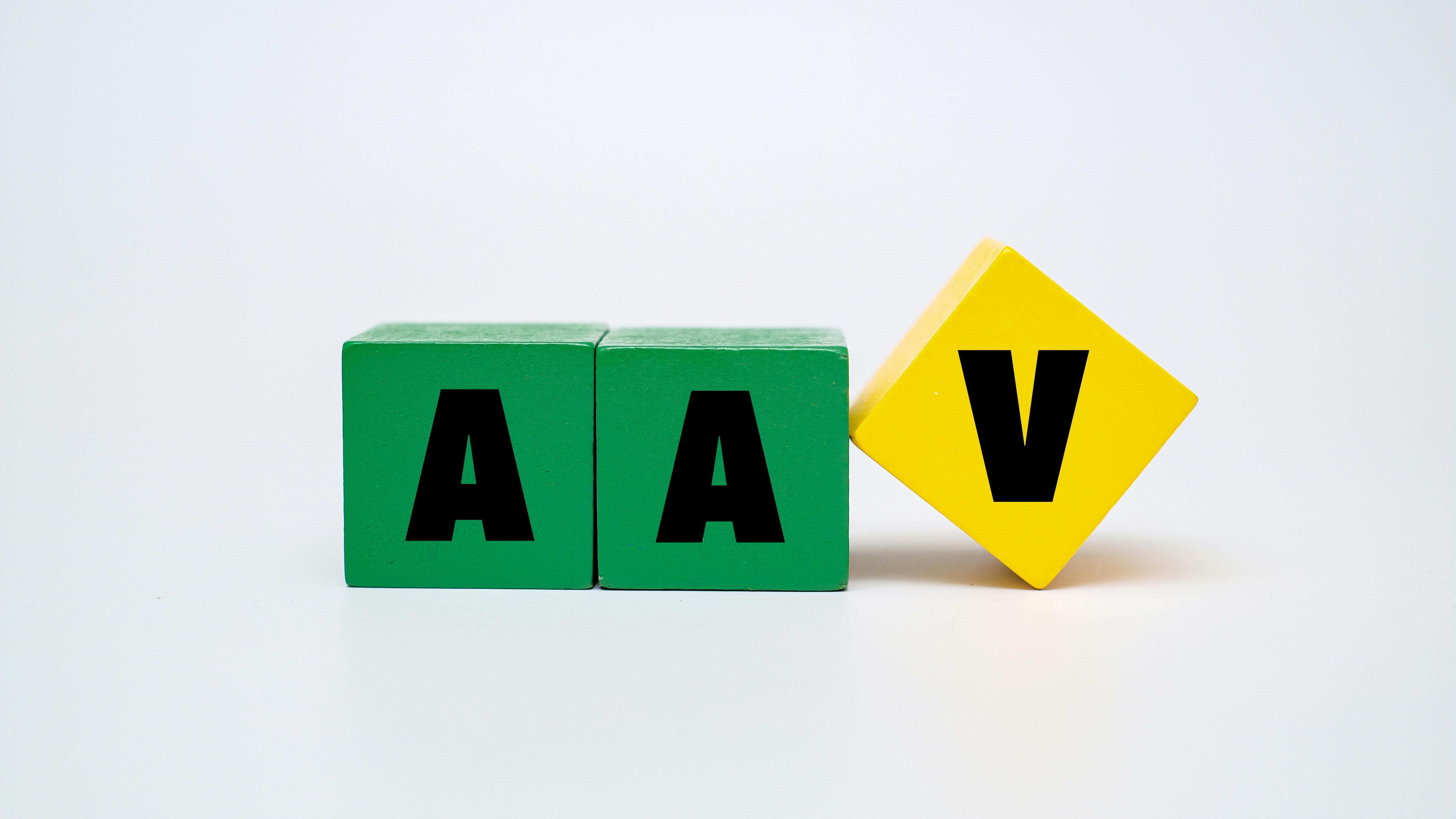 A colored wooden cubes with text AAV on it. AAV stands for Adeno Associated Virus