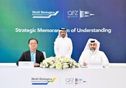 WuXi Biologics and QFZ pose during memorandum of understanding signing WuXi Biologics and QFZ pose during memorandum of understanding signing