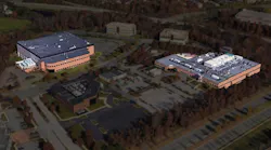 aerial view of a manufacturing site with two buildings highlighted as part of an acquisition by Samsung Biologics