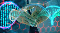 Multi exposure of DNA hologram on abstract background with two men handshake. Concept of bioengineering