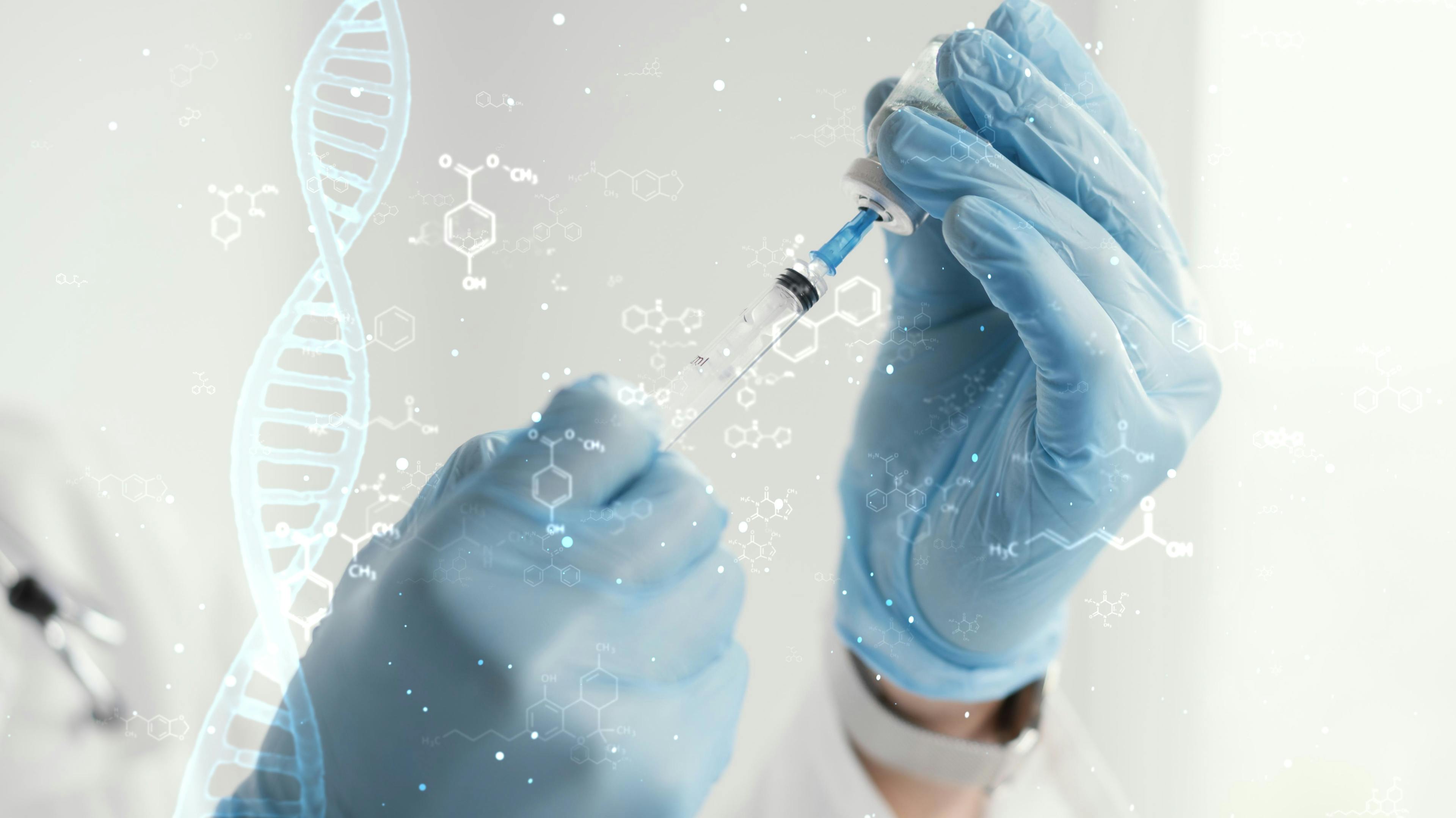 close up of scientist's gloved hands holding syringe bottle overlaid with digital dna and chemical compound icons