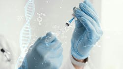 close up of scientist's gloved hands holding syringe bottle overlaid with digital dna and chemical compound icons close up of scientist's gloved hands holding syringe bottle overlaid with digital dna and chemical compound icons