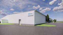 3D rendering of exterior of warehouse with Sharp logo on side of building 3D rendering of exterior of warehouse with Sharp logo on side of building