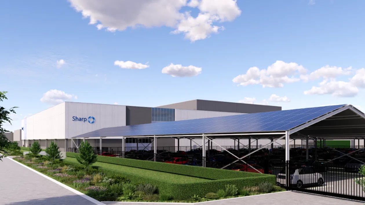 Belgium Sharp facility rendering with solar panel covered carport