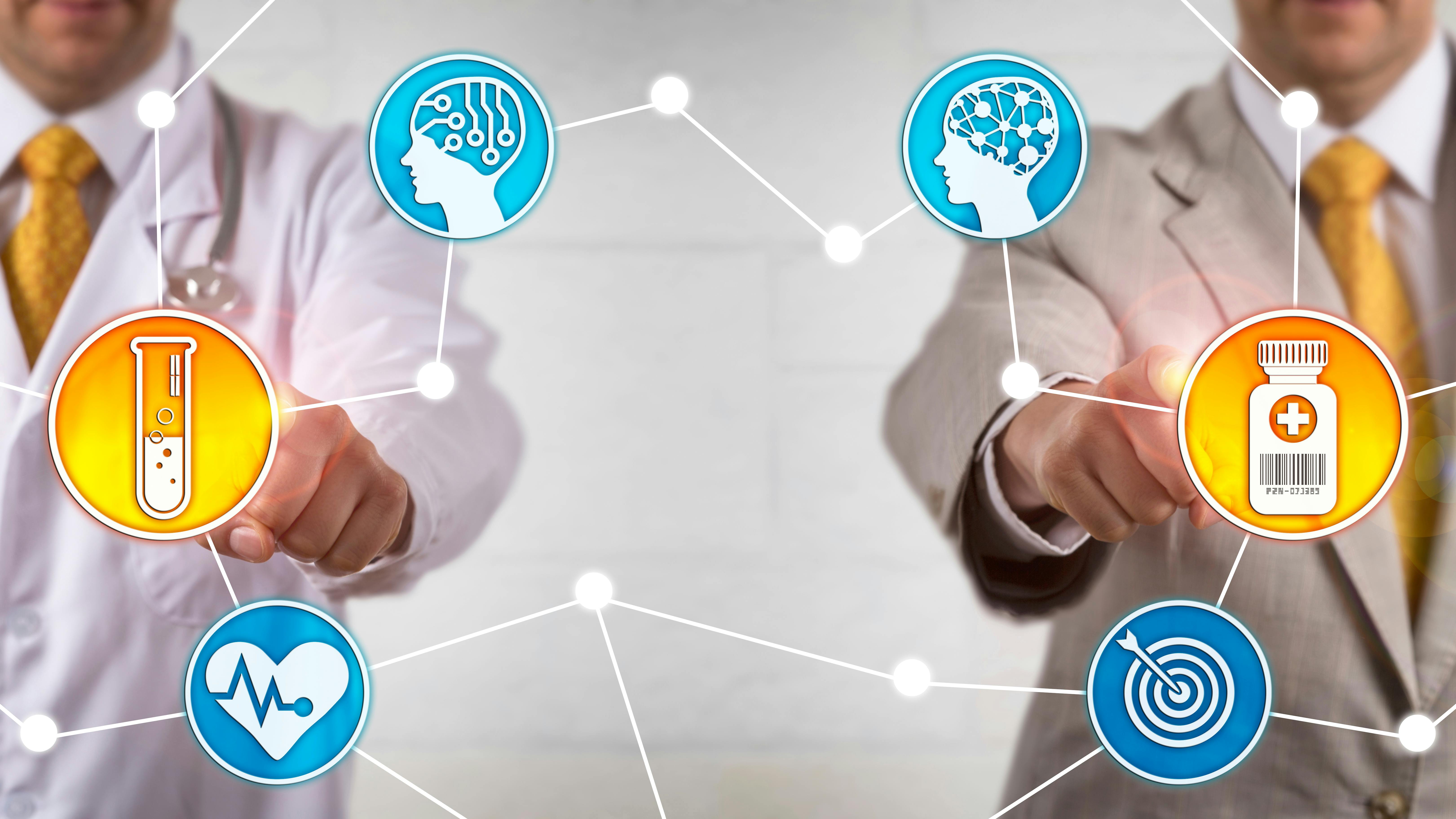 Unrecognizable clinician and executive are joining forces in drug development and production. Concept for drug discovery, joint venture.