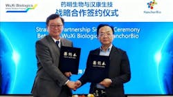 Dr. Chris Chen (right), CEO of WuXi Biologics, and Dr. Scott Liu (left), Founder, Chairman, and CEO of HanchorBio, signed the partnership agreement. Dr. Chris Chen (right), CEO of WuXi Biologics, and Dr. Scott Liu (left), Founder, Chairman, and CEO of HanchorBio, signed the partnership agreement.