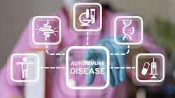 Autoimmune disease and medical icons displayed on touch screen with doctor out of focus in background Autoimmune disease and medical icons displayed on touch screen with doctor out of focus in background