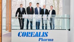 Standing together are Yves Mouget (Vice President Analytics, Corealis Pharma), David Leroux-Petersen (CEO, Corealis Pharma), Dr. Eike Cordts (Director Early Stage Development USA), Patrick Gosselin (Vice President Pharmaceutical R&D, Corealis Pharma) and Erich Scheibner (Managing Director) Standing together are Yves Mouget (Vice President Analytics, Corealis Pharma), David Leroux-Petersen (CEO, Corealis Pharma), Dr. Eike Cordts (Director Early Stage Development USA), Patrick Gosselin (Vice President Pharmaceutical R&D, Corealis Pharma) and Erich Scheibner (Managing Director)