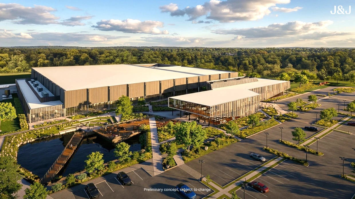 Aerial 3D rendering and preliminary concept of new Johnson & Johnson cell therapy manufacturing facility to be built in Pennsylvania