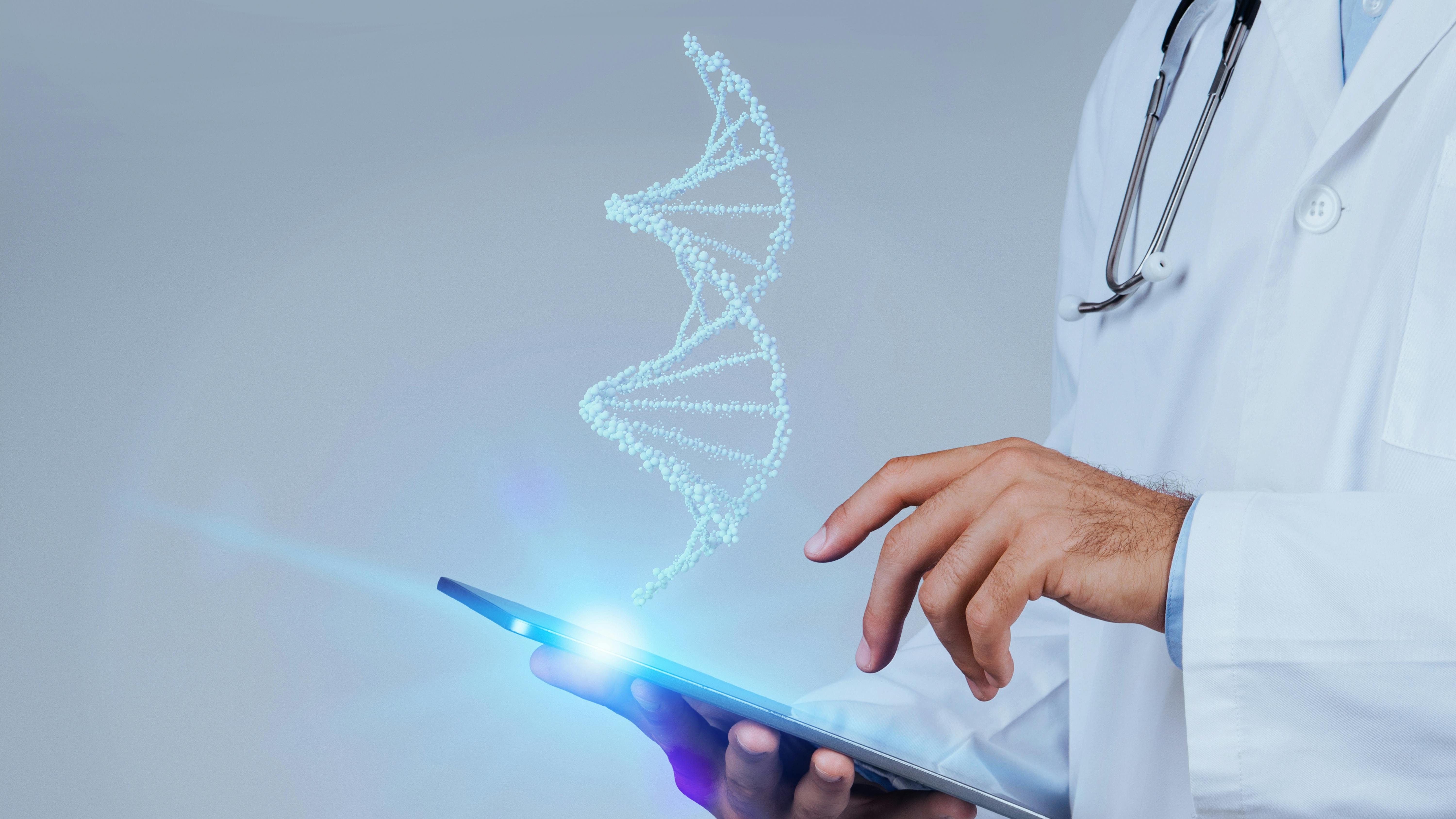 Close up shot of dedicated doctor uses CRISPR and augmented reality to decode the blue glow of virtual human DNA,