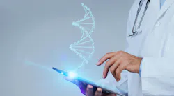 Close up shot of dedicated doctor uses CRISPR and augmented reality to decode the blue glow of virtual human DNA,
