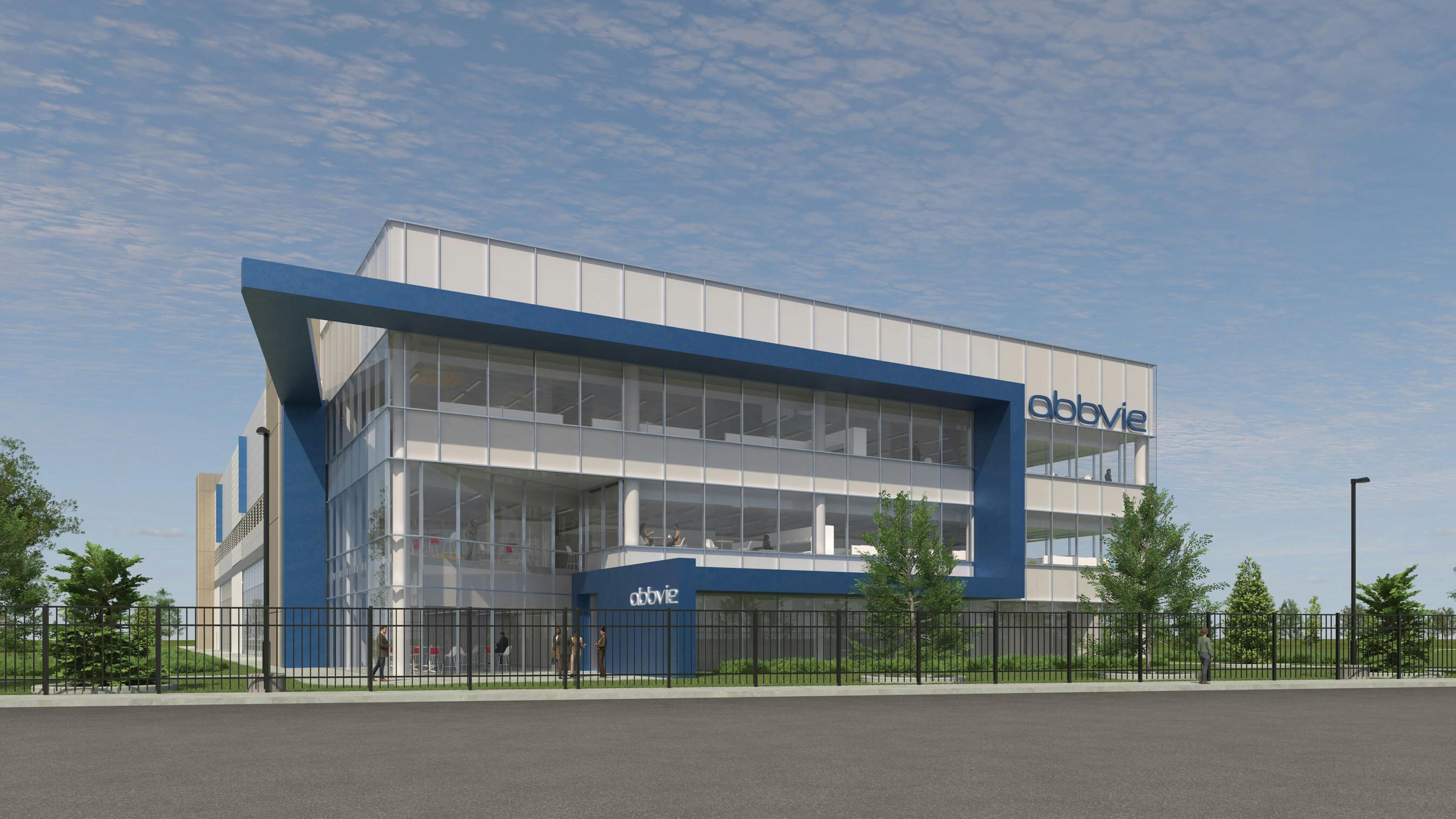 3D rendering of exterior of new abbvie manufacturing building in North Chicago, Illinois