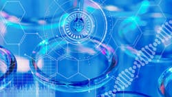 zoomed in image of medical lab research test tube and digital icons in foreground zoomed in image of medical lab research test tube and digital icons in foreground