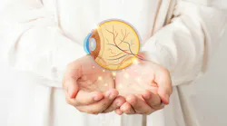 Human eye anatomy hologram on doctor hands. Awareness of eye diseases