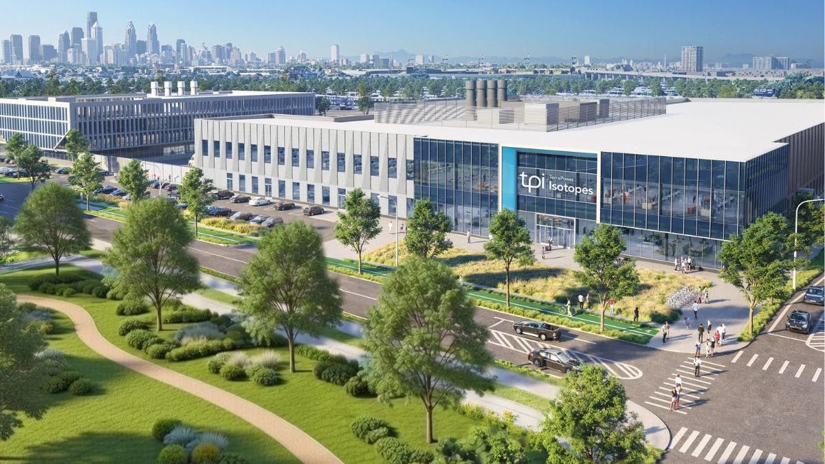 3D rendering of aerial view of TerraPower's manufacturing site in Bellwether district, Philadelphia