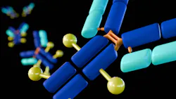 A 3d rendered image displays multiple Y-shaped antibody molecules. They are depicted in blue and light blue segments connected by orange and yellow parts, illustrating antibody-drug conjugates (ADCs). A 3d rendered image displays multiple Y-shaped antibody molecules. They are depicted in blue and light blue segments connected by orange and yellow parts, illustrating antibody-drug conjugates (ADCs).