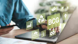 Businessman using computer to study BCG for sustainable economic development. BCG concept, bioeconomy, circular economy, green economy. with an icon on the screen Businessman using computer to study BCG for sustainable economic development. BCG concept, bioeconomy, circular economy, green economy. with an icon on the screen