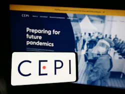 Person holding cellphone with logo of Coalition for Epidemic Preparedness Innovations (CEPI) in front of webpage. Person holding cellphone with logo of Coalition for Epidemic Preparedness Innovations (CEPI) in front of webpage.