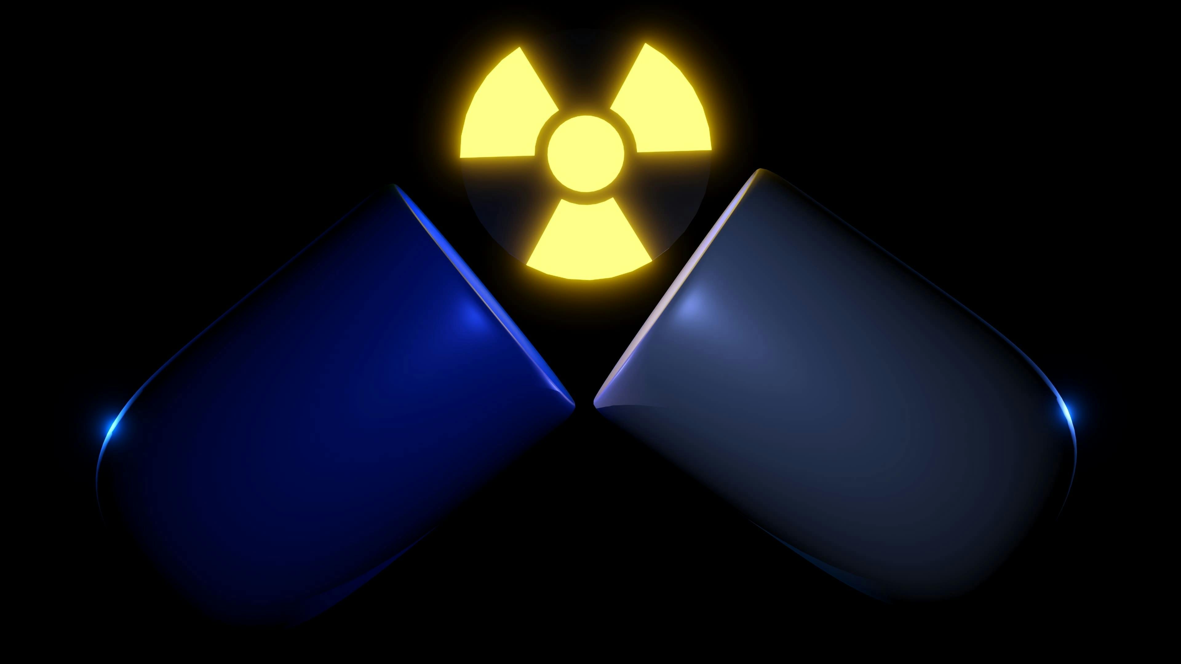 3D illustration of an open blue capsule pill with a glowing yellow radioactive symbol on black background.