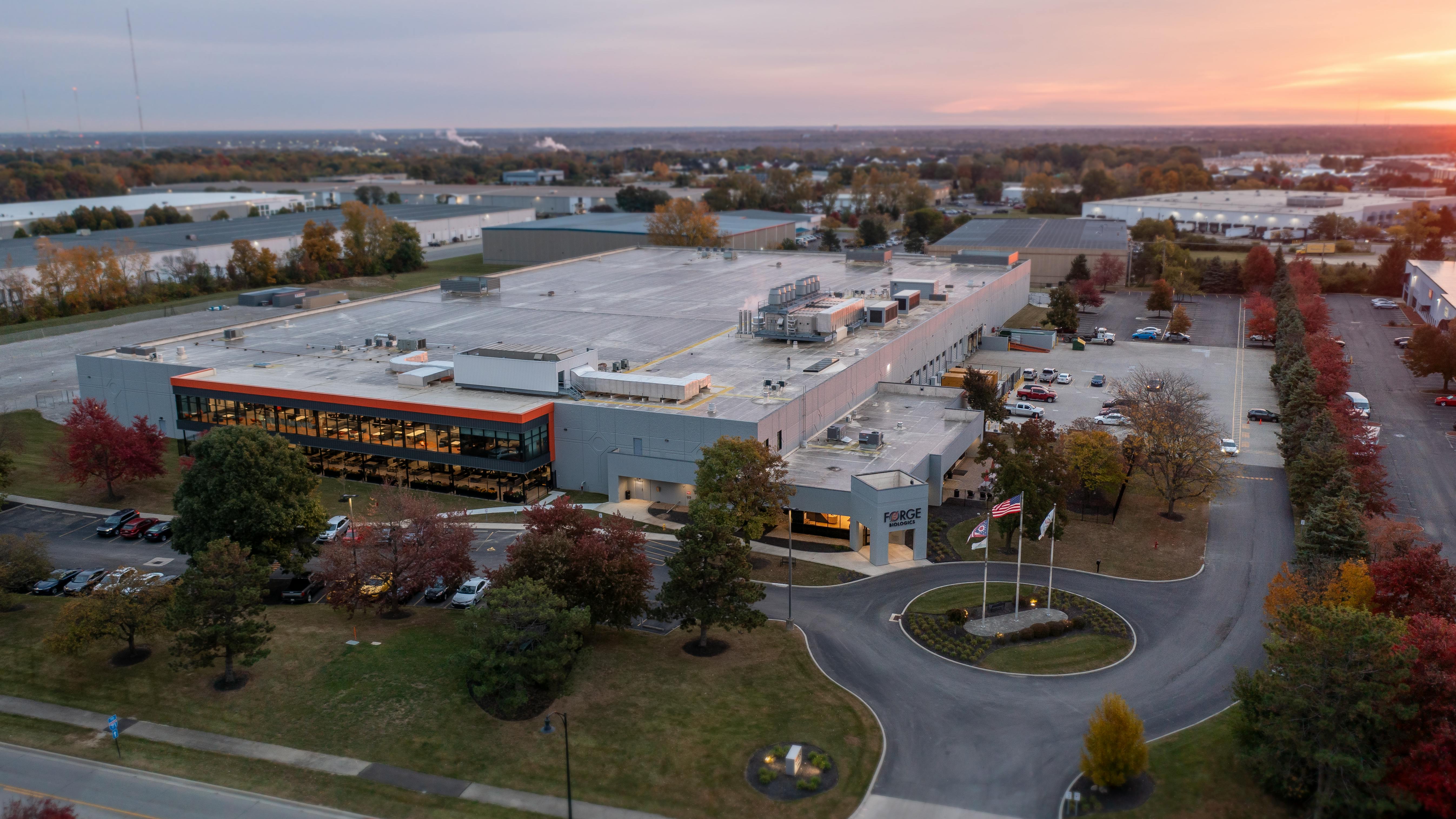 Aerial view of Forge facility in Columbus, Ohio at sunrise