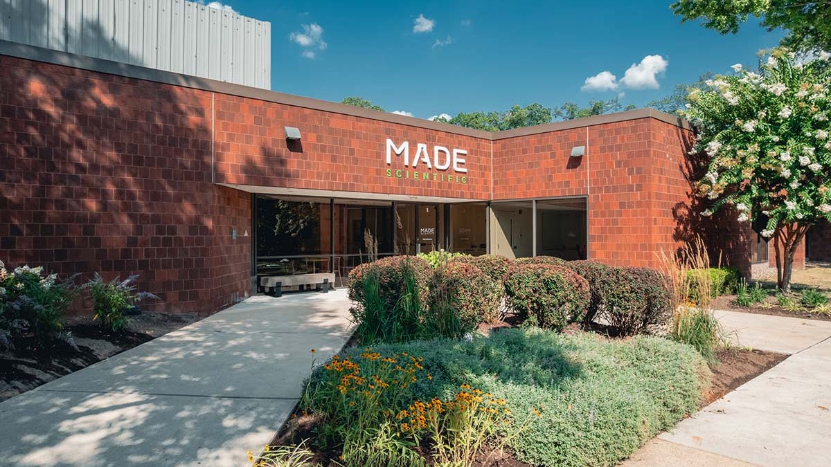 Made Scientific logo on company's exterior brick entrance of Princeton, New Jersey, facility