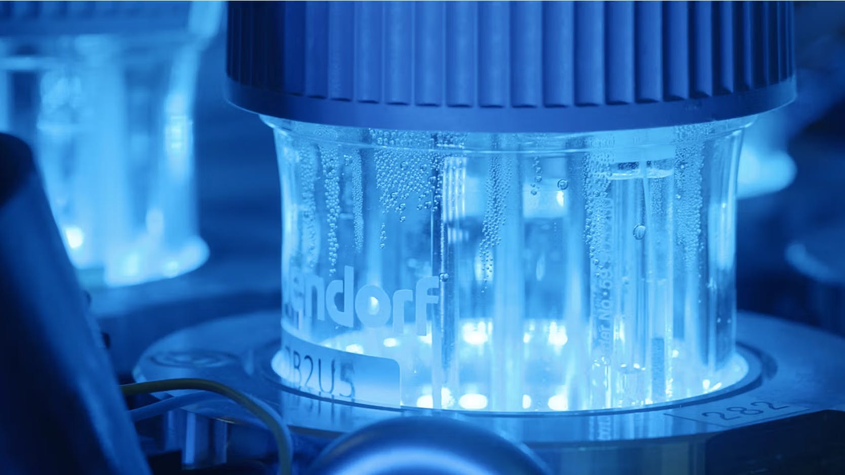 Close-up of an Eppendorf laboratory bioreactor vessel glowing blue with bubbling liquid inside.