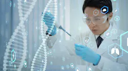Gene therapy researcher with DNA icons in foreground