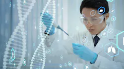 Gene therapy researcher with DNA icons in foreground Gene therapy researcher with DNA icons in foreground