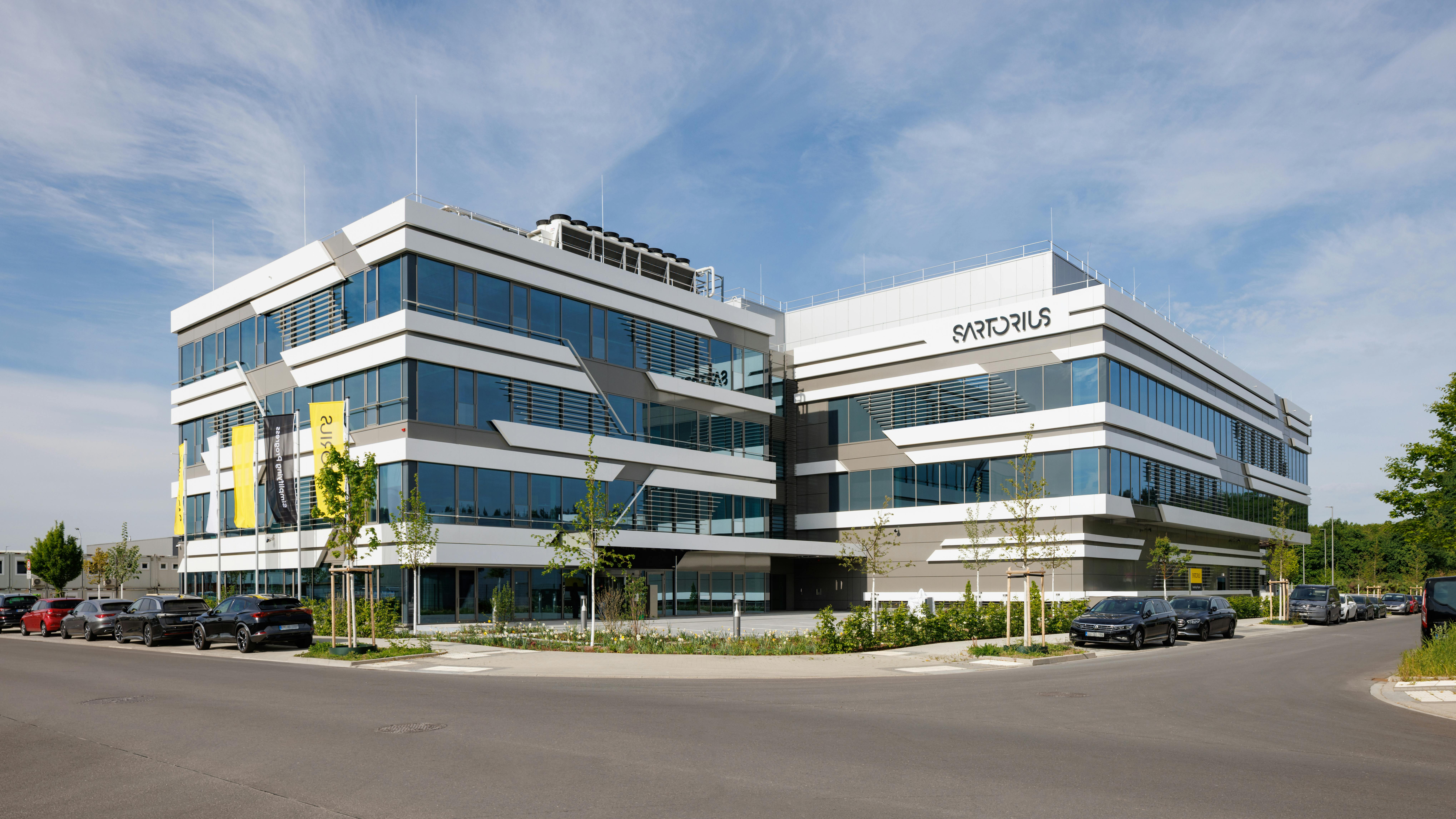 Exterior front view of Sartorius facility in Freiburg, Germany