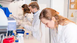 Three researchers in white lab coats work simultaneously at a busy laboratory bench with equipment and reagents. Three researchers in white lab coats work simultaneously at a busy laboratory bench with equipment and reagents.