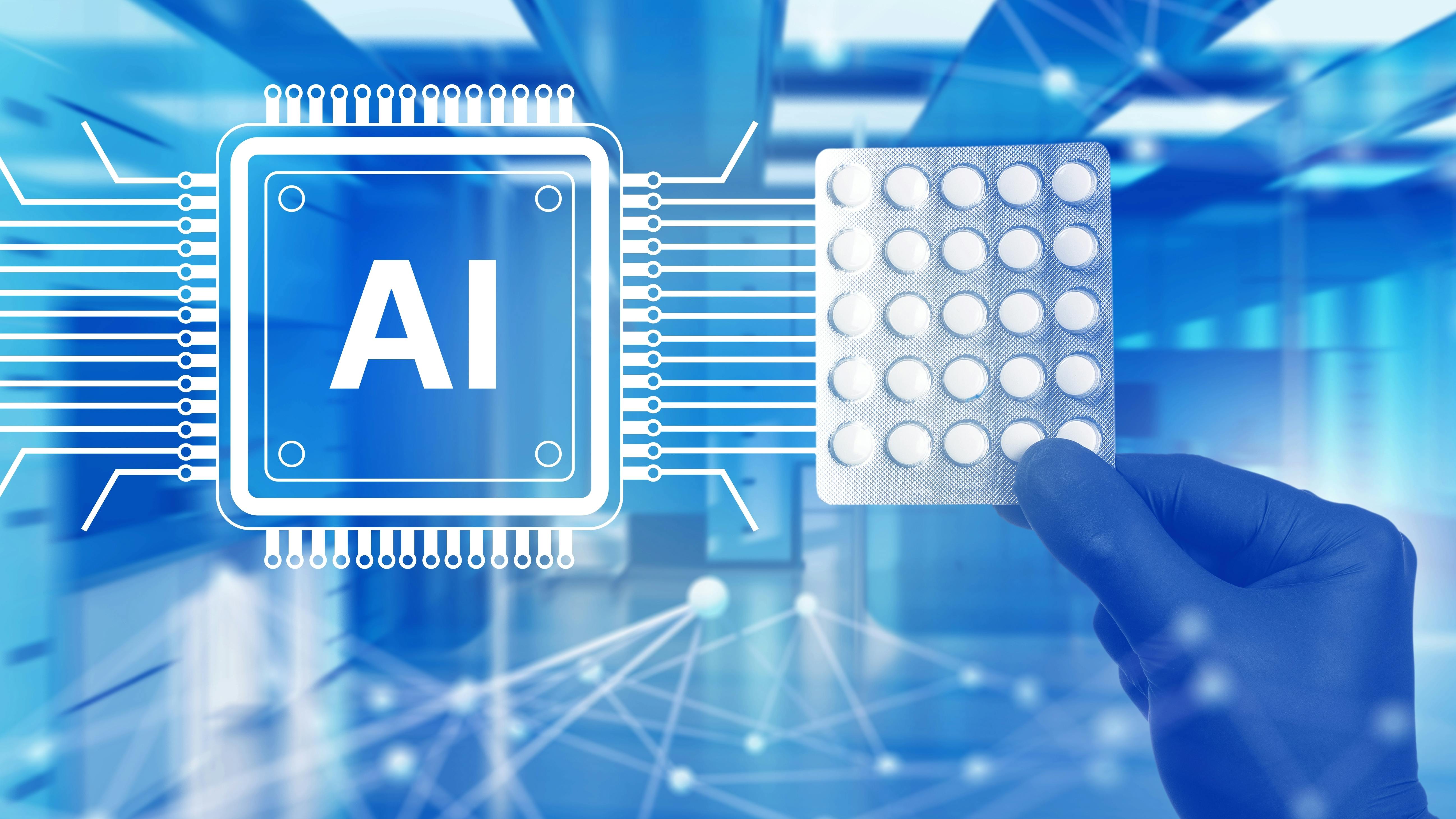 Drug development uses artificial intelligence to analyze pharmaceutical formulations as a researcher evaluates medication blister packs for advanced precision.
