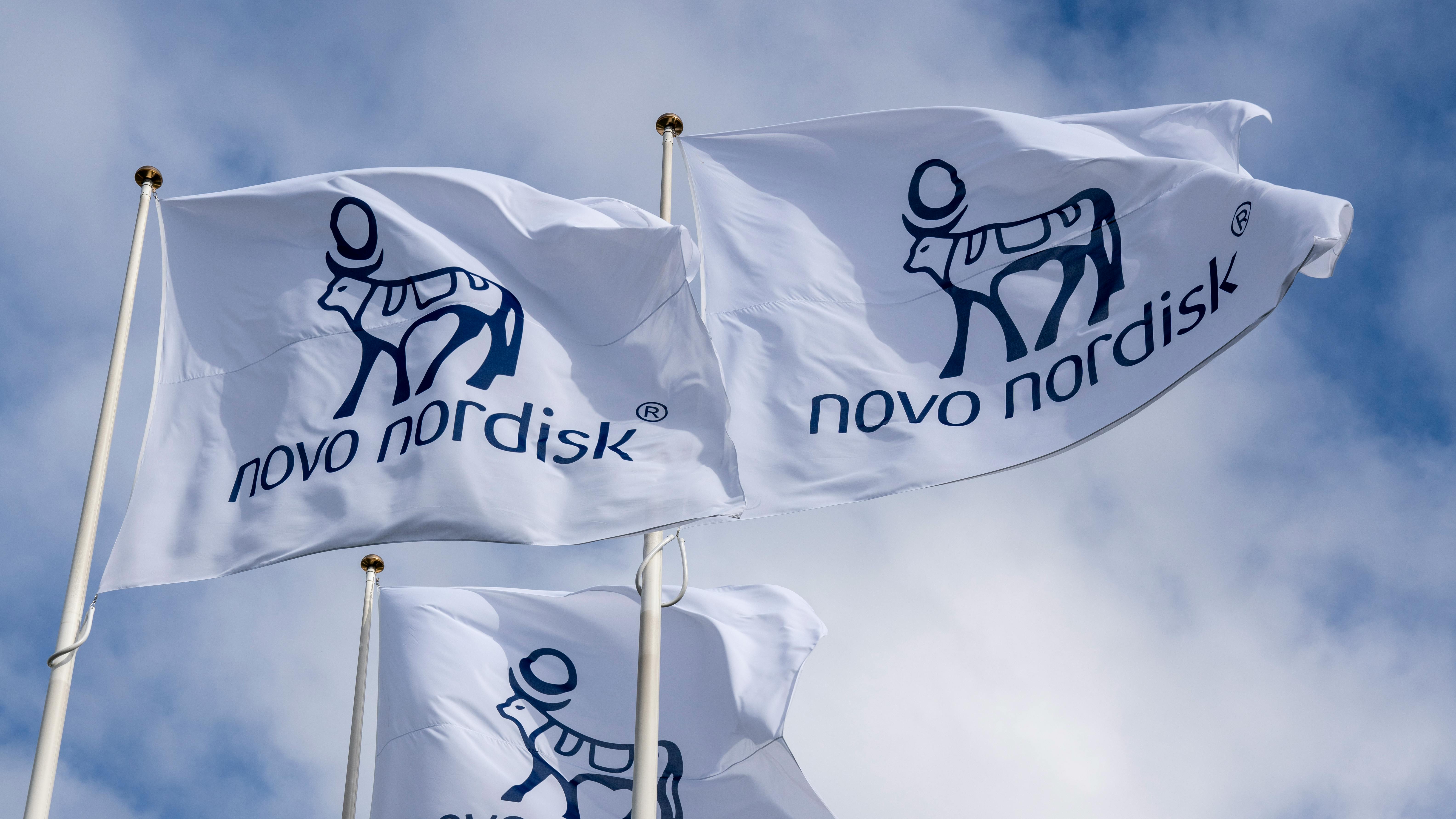Flags with Novo Nordisk logo wave in wind against clouds and blue sky