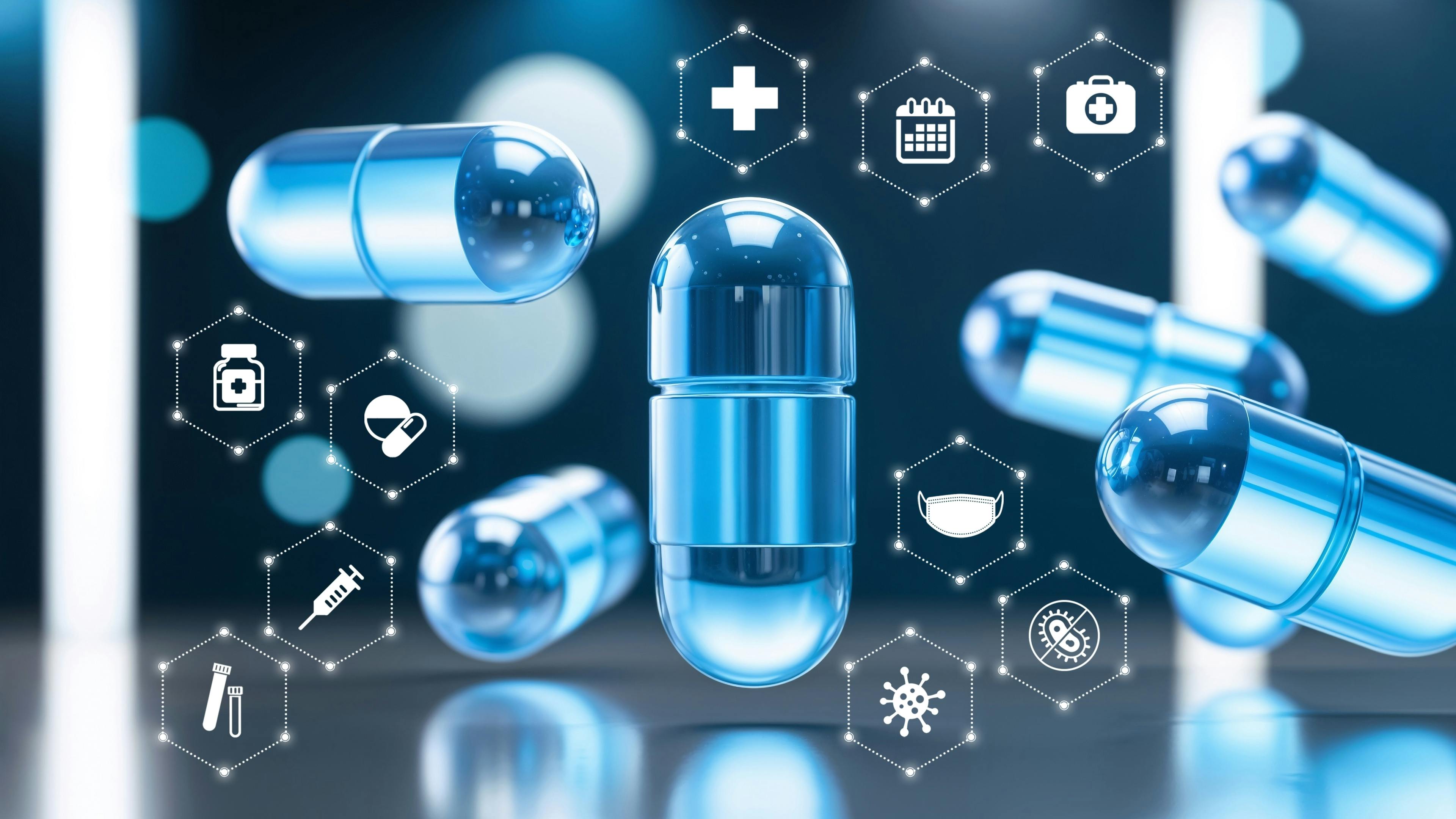 Blue pharmaceutical capsules and medical icons displayed in a digital-style composition, representing drug development, healthcare technology, medicine and biopharmaceutical research.