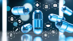 Blue pharmaceutical capsules and medical icons displayed in a digital-style composition, representing drug development, healthcare technology, medicine and biopharmaceutical research. Blue pharmaceutical capsules and medical icons displayed in a digital-style composition, representing drug development, healthcare technology, medicine and biopharmaceutical research.