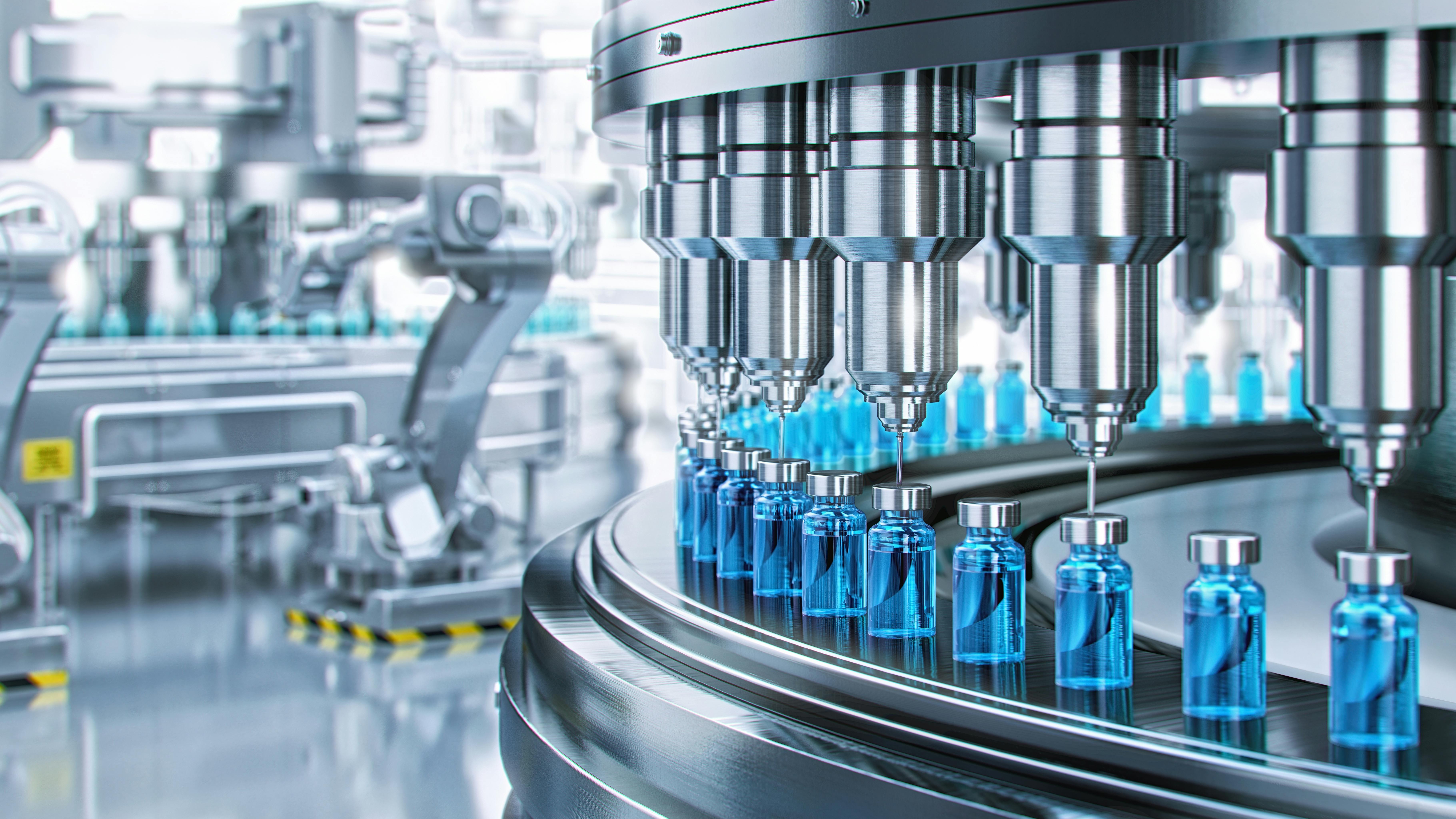Drug manufacturing process. Conveyor with medical ampoules line at a modern pharmaceutical plant.