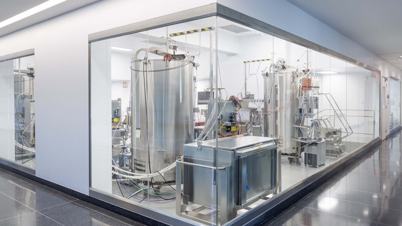 Glass enclosed laboratory with pharma equipment at Bora Biologics Rockville, Maryland site