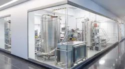 Glass enclosed laboratory with pharma equipment at Bora Biologics Rockville, Maryland site