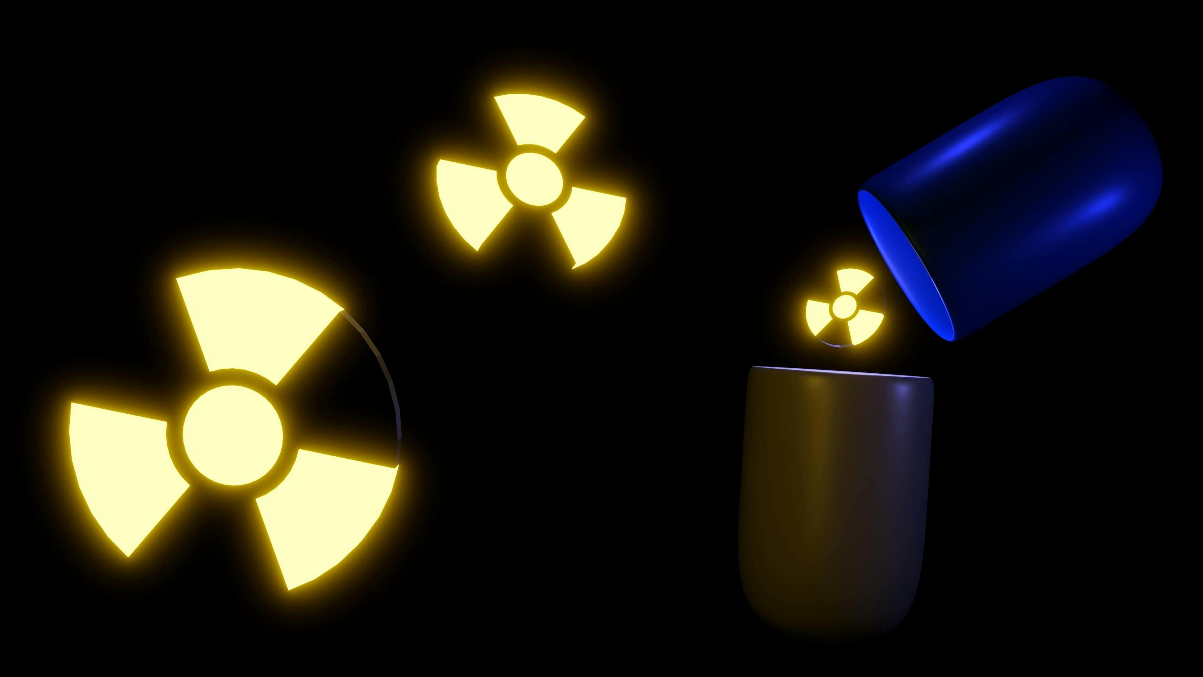 3d rendering of Radiopharmaceuticals with radiation icons and open pill tablet on black background