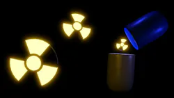 3d rendering of Radiopharmaceuticals with radiation icons and open pill tablet on black background