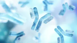 3D illustration of blue Y-shaped antibody molecules floating on a light blue background