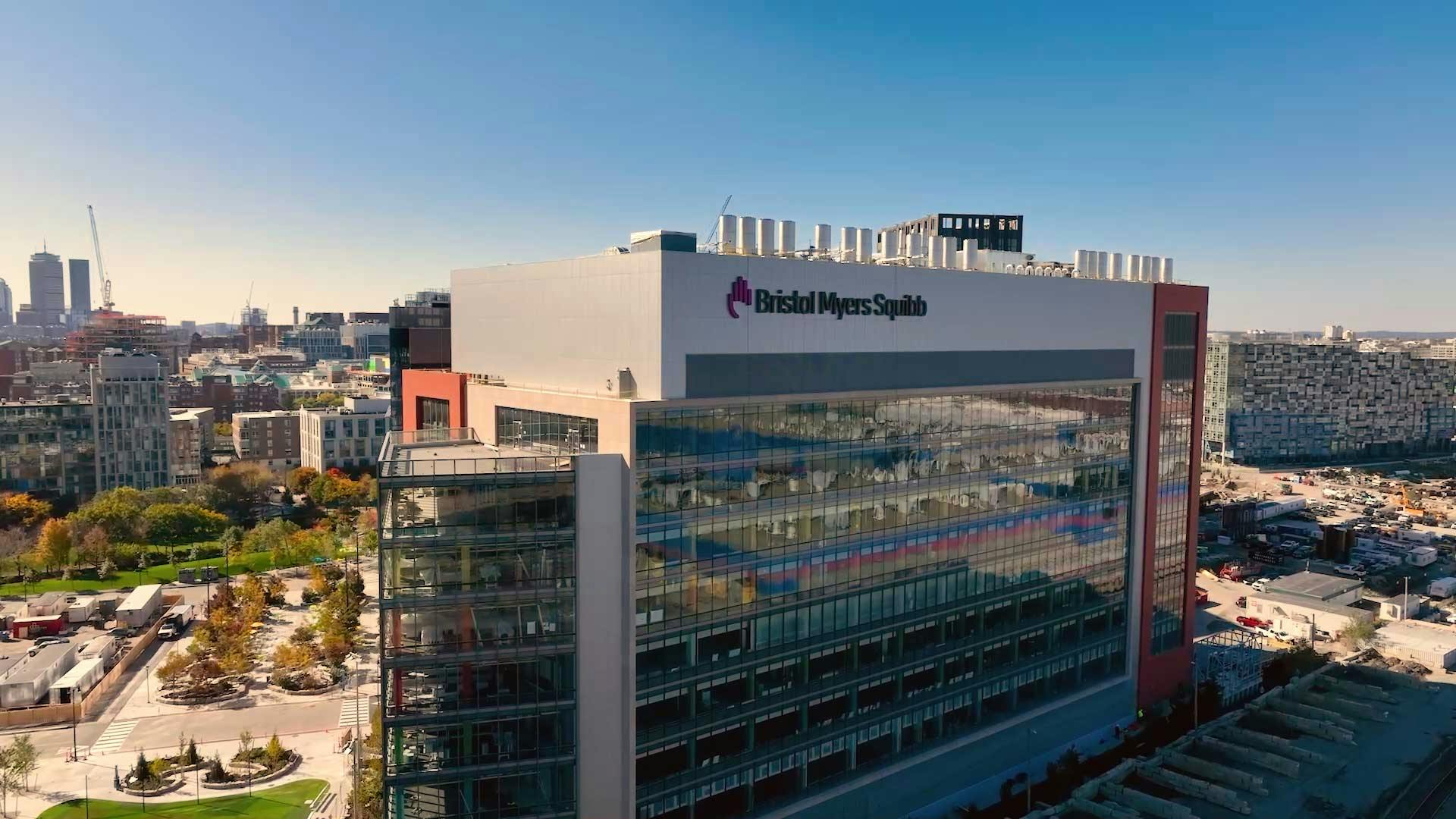 Aerial view of Bristol Myers Squibb facility in Cambridge, Mass.