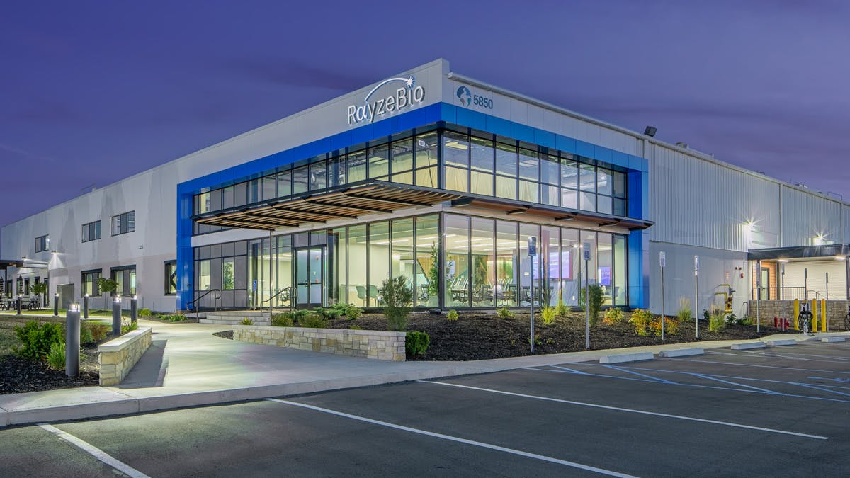Exterior of RayzeBio buiding in Indianaopolis, Indiana at night
