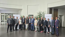 Fareva executives pose in lobby of new pharma facility in Turkey