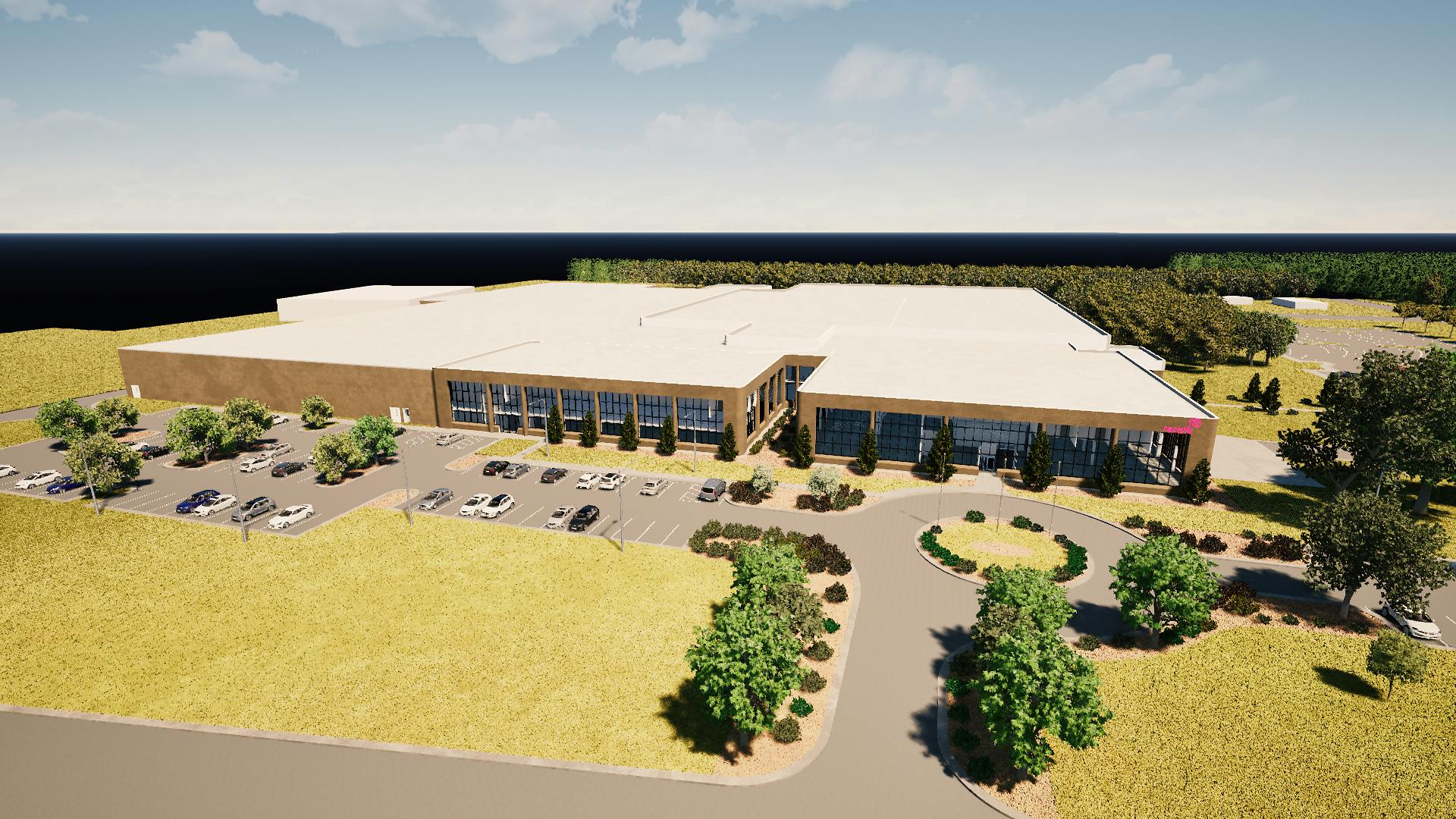 Aerial view 3D rendering of exterior of Reckitt North Carolina manufacturing site